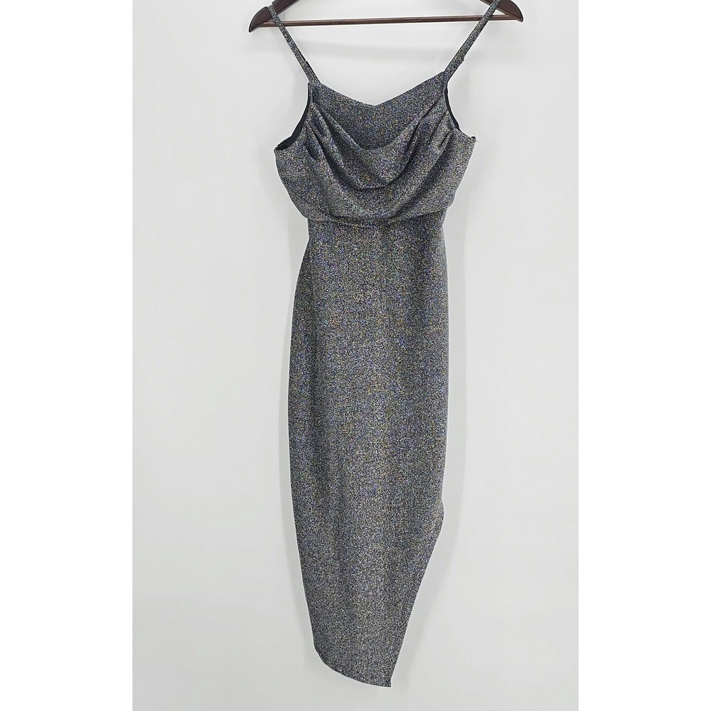 Madden NYC Metallic Silver Cowl Neck Midi Dress Asymmetrical‎ Wrap Tulip Hem M